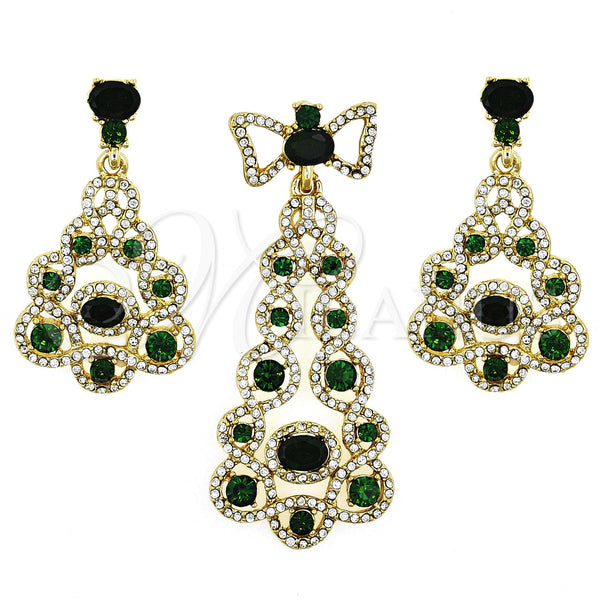 Juego de Arete y Dije de Adulto 10.91.0300.1 Oro Laminado, Diseño de Arco, con Esmeralda and Blanca Zirconia Cubica, Pulido, Tono Dorado
