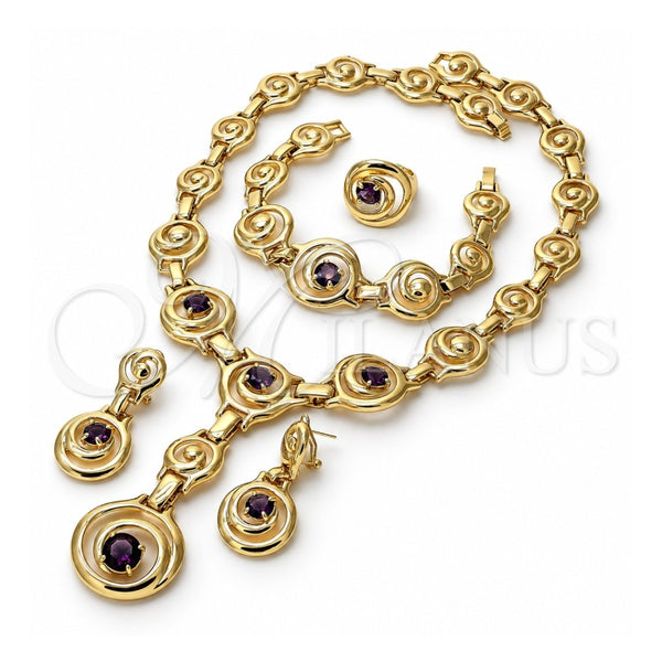 Collar, Pulsera, Dije y Anillo 06.59.0066 Oro Laminado, Diseño de Espiral, con Zirconia Cubica Amatista, Pulido, Tono Dorado