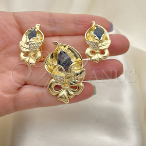 Juego de Arete y Dije de Adulto 10.59.0193 Oro Laminado, Diseño de Arco y Flor, con Negro Zirconia Cubica and Blanca Cristal, Pulido, Tono Dorado