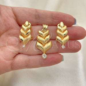 Juego de Arete y Dije de Adulto 10.59.0167 Oro Laminado, Diseño de Oja, con Blanca Cristal, Pulido, Tono Dorado