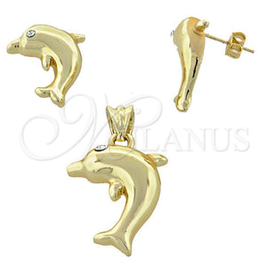 Juego de Arete y Dije de Adulto 10.59.0177 Oro Laminado, Diseño de Delfín, con Blanca Cristal, Pulido, Tono Dorado