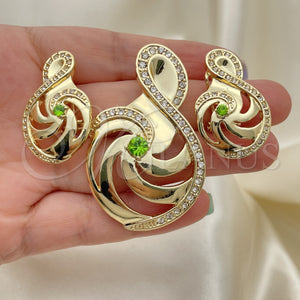 Juego de Arete y Dije de Adulto 10.59.0142 Oro Laminado, Diseño de Nota Musical, con Verde and Blanca Zirconia Cubica, Pulido, Tono Dorado