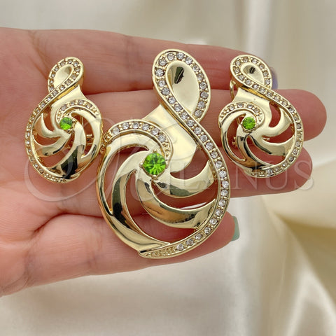 Juego de Arete y Dije de Adulto 10.59.0142 Oro Laminado, Diseño de Nota Musical, con Verde and Blanca Zirconia Cubica, Pulido, Tono Dorado