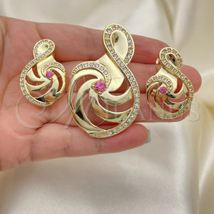 Juego de Arete y Dije de Adulto 10.59.0142.2 Oro Laminado, Diseño de Nota Musical, con Fucsia and Blanca Zirconia Cubica, Pulido, Tono Dorado