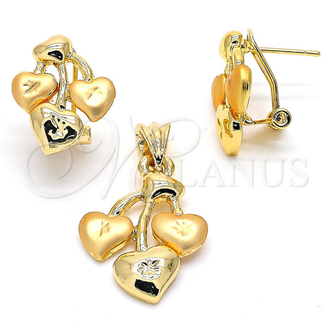 Juego de Arete y Dije de Adulto 10.59.0175 Oro Laminado, Diseño de Corazón, Mate, Tono Dorado