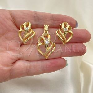Juego de Arete y Dije de Adulto 10.59.0170 Oro Laminado, Diseño de Corazón, con Blanca Cristal, Mate, Tono Dorado