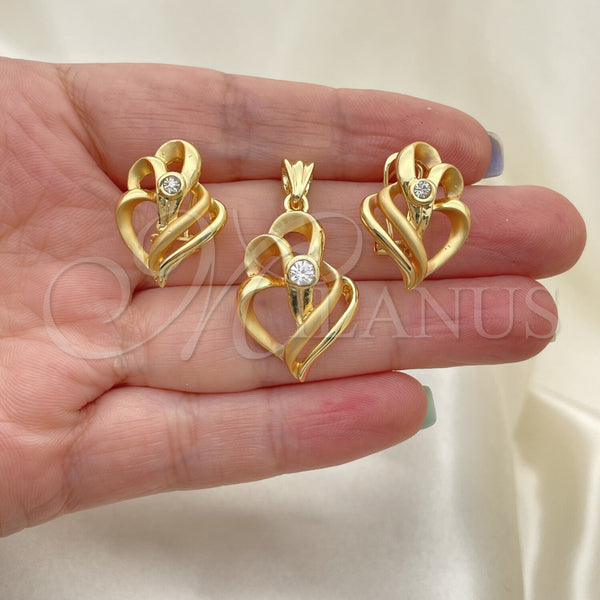 Juego de Arete y Dije de Adulto 10.59.0170 Oro Laminado, Diseño de Corazón, con Blanca Cristal, Mate, Tono Dorado