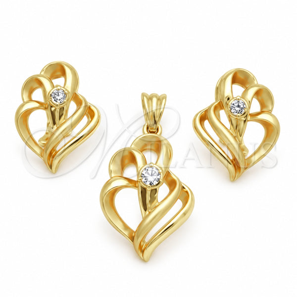 Juego de Arete y Dije de Adulto 10.59.0170 Oro Laminado, Diseño de Corazón, con Blanca Cristal, Mate, Tono Dorado