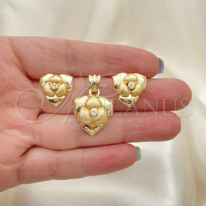 Juego de Arete y Dije de Adulto 10.59.0155 Oro Laminado, Diseño de Flor, con Blanca Cristal, Mate, Tono Dorado