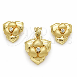 Juego de Arete y Dije de Adulto 10.59.0155 Oro Laminado, Diseño de Flor, con Blanca Cristal, Mate, Tono Dorado