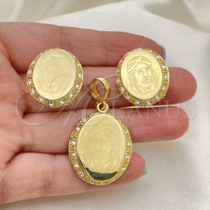 Juego de Arete y Dije de Adulto 10.59.0162 Oro Laminado, Diseño de Jesus, con Blanca Zirconia Cubica, Pulido, Tono Dorado