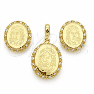 Juego de Arete y Dije de Adulto 10.59.0162 Oro Laminado, Diseño de Jesus, con Blanca Zirconia Cubica, Pulido, Tono Dorado