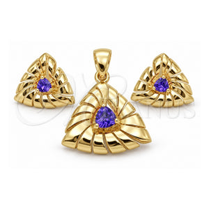 Juego de Arete y Dije de Adulto 10.59.0151 Oro Laminado, con Zirconia Cubica Tanzanita Oscuro, Pulido, Tono Dorado
