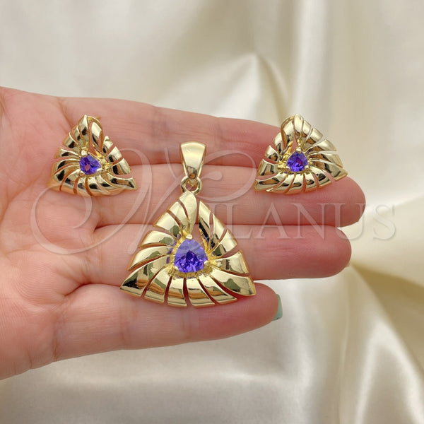 Juego de Arete y Dije de Adulto 10.59.0151 Oro Laminado, con Tanzanita Oscuro Zirconia Cubica, Pulido, Tono Dorado