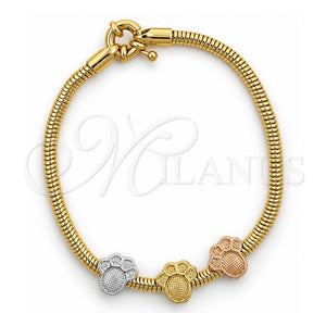 Pulsera de Dije 03.63.1180.07 Oro Laminado, Diseño de Pies y Cola de Raton, Pulido, Tres Tonos (Grosor 03 MM, 7 Pulgadas de Largo)