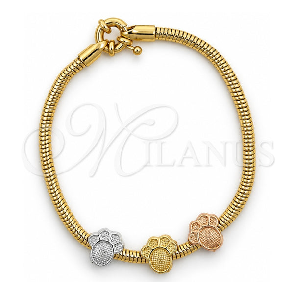 Pulsera de Dije 03.63.1180.07 Oro Laminado, Diseño de Pies y Cola de Raton, Pulido, Tres Tonos (Grosor 03 MM, 7 Pulgadas de Largo)