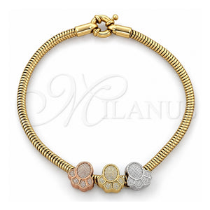 Pulsera de Dije 03.63.1180.06 Oro Laminado, Diseño de Pies y Cola de Raton, Pulido, Tres Tonos (Grosor 03 MM, 6 Pulgadas de Largo)