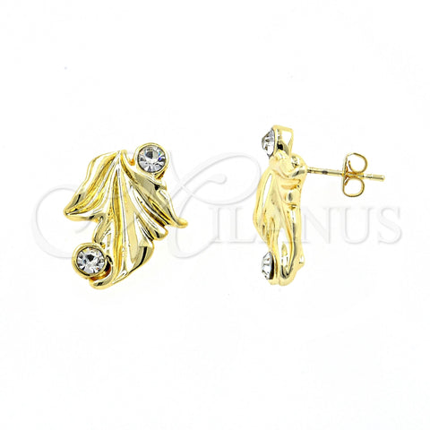 Arete Dormilona 02.59.0038 Oro Laminado, Diseño de Oja, con Blanca Cristal, Diamantado, Tono Dorado