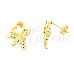Arete Dormilona 02.59.0031 *PROMO* Oro Laminado, Diseño de Corazón y Flor, con Blanca Cristal, Pulido, Tono Dorado