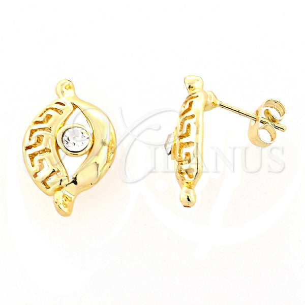Arete Dormilona 02.59.0032 *PROMO* Oro Laminado, Diseño de Llave Griega y Ojo Griego, con Blanca Cristal, Pulido, Tono Dorado