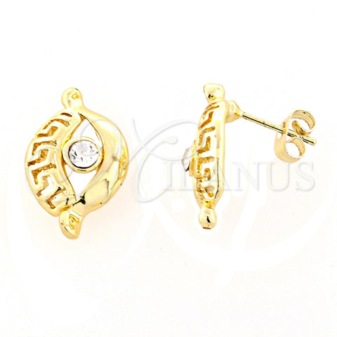 Arete Dormilona 02.59.0032 *PROMO* Oro Laminado, Diseño de Llave Griega y Ojo Griego, con Blanca Cristal, Pulido, Tono Dorado