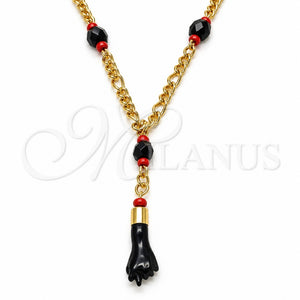 Gargantilla Elegante 5.039.008.18 Oro Laminado, Diseño de Mano de Figa, con Cristal Negro y Rojo Naranja, Pulido, Tono Dorado (Grosor 03 MM, 18 Pulgadas de Largo)