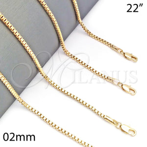 Gargantilla Basica 5.222.038.22 Oro Laminado, Diseño de Box, Pulido, Tono Dorado (02 MM Thickness, 22 Inches Length)