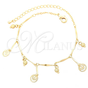 Tobillera de Dije 03.105.0034.10 Oro Laminado, Diseño de Carita Feliz, Diamantado, Tono Dorado (07 MM Thickness, 10 Inches Length)