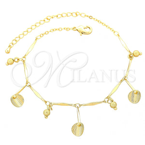 Tobillera de Dije 03.105.0030.10 Oro Laminado, Diseño de Bola, Pulido, Tono Dorado (08 MM Thickness, 10 Inches Length)