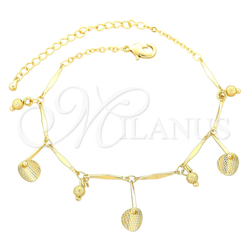 Tobillera de Dije 03.105.0030.10 Oro Laminado, Diseño de Bola, Pulido, Tono Dorado (08 MM Thickness, 10 Inches Length)