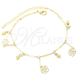Tobillera de Dije 03.105.0028.10 Oro Laminado, Diseño de Flor y Torcido, Pulido, Tono Dorado (08 MM Thickness, 10 Inches Length)