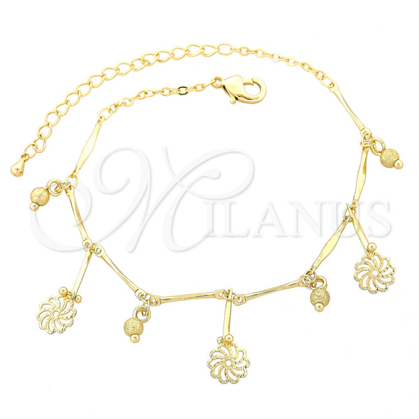 Tobillera de Dije 03.105.0032.10 Oro Laminado, Diseño de Flor y Torcido, Pulido, Tono Dorado (09 MM Thickness, 10 Inches Length)