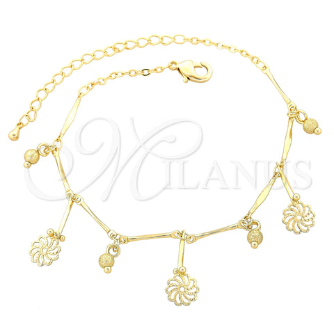 Tobillera de Dije 03.105.0032.10 Oro Laminado, Diseño de Flor y Torcido, Pulido, Tono Dorado (09 MM Thickness, 10 Inches Length)