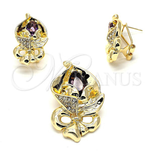 Juego de Arete y Dije de Adulto 10.59.0193.3 Oro Laminado, Diseño de Flor, con Amatista and Blanca Cristal, Pulido, Tono Dorado