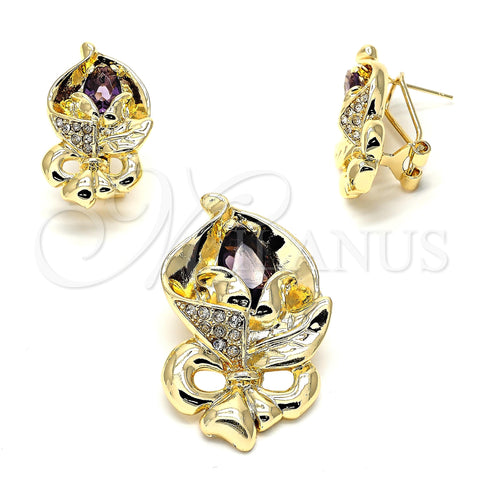 Juego de Arete y Dije de Adulto 10.59.0193.3 Oro Laminado, Diseño de Flor, con Amatista and Blanca Cristal, Pulido, Tono Dorado