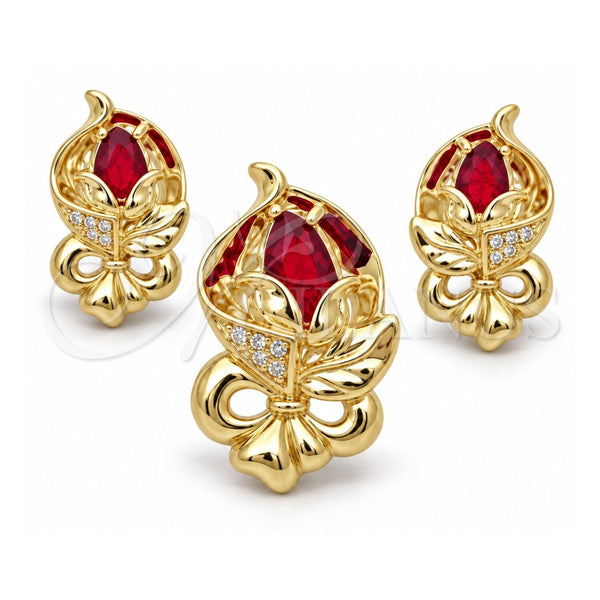 Juego de Arete y Dije de Adulto 10.59.0193.2 Oro Laminado, Diseño de Arco y Flor, con Granate Cristal and Blanca Zirconia Cubica, Pulido, Tono Dorado