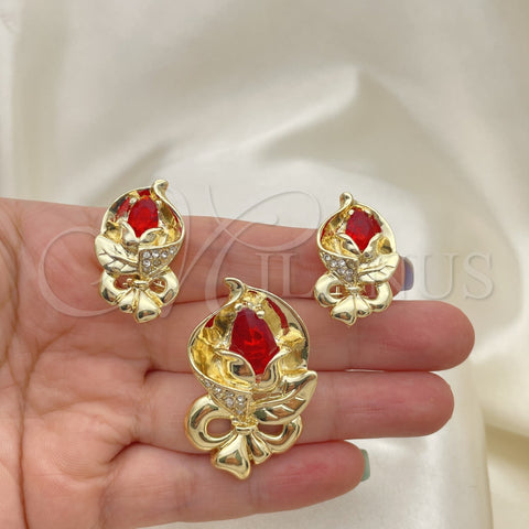 Juego de Arete y Dije de Adulto 10.59.0193.2 Oro Laminado, Diseño de Arco y Flor, con Granate Cristal and Blanca Zirconia Cubica, Pulido, Tono Dorado