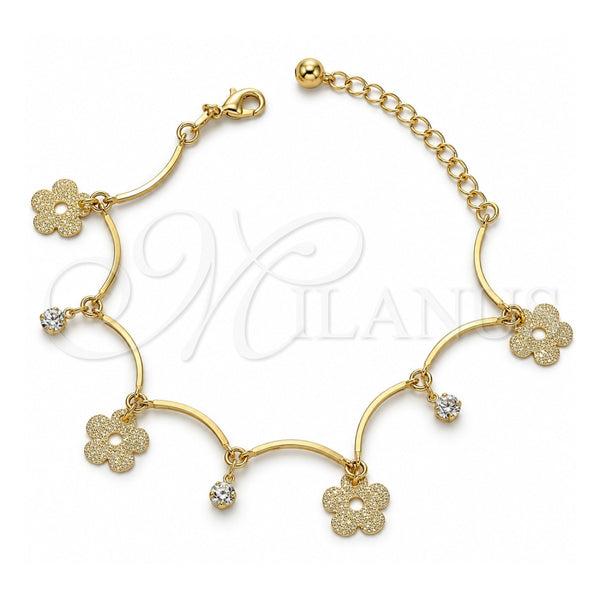 Pulsera de Dije 5.016.005.1.07 Oro Laminado, Diseño de Flor y Bola, con Zirconia Cubica Blanca, Mate, Tono Dorado (10 Pulgadas de Largo)
