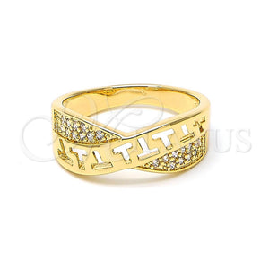 Anillo Multi Piedra 01.194.0005.06 Oro Laminado, Diseño de Llave Griega, con Blanca Micro Pave, Pulido, Tono Dorado (Size 6)