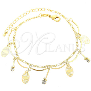 Tobillera de Dije 03.63.0134.10 Oro Laminado, Diseño de Oja y Figaro, con Blanca Zirconia Cubica, Pulido, Tono Dorado (03 MM Thickness, 10 Inches Length)