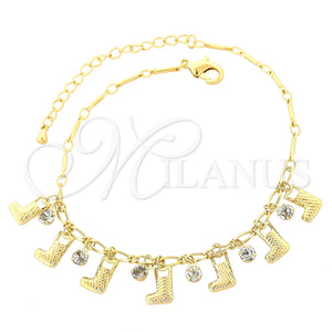 Tobillera de Dije 03.63.0644.10 Oro Laminado, Diseño de Zapato, con Blanca Zirconia Cubica, Diamantado, Tono Dorado (05 MM Thickness, 10 Inches Length)