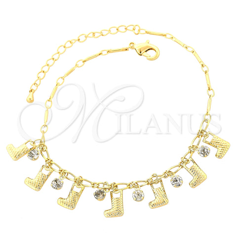 Tobillera de Dije 03.63.0644.10 Oro Laminado, Diseño de Zapato, con Blanca Zirconia Cubica, Diamantado, Tono Dorado (05 MM Thickness, 10 Inches Length)
