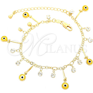 Pulsera de Dije 03.63.0180.08 Oro Laminado, Diseño de Ojo Griego, con Blanca Zirconia Cubica, Resinado Amarillo, Tono Dorado (02 MM Thickness, 8 Inches Length)