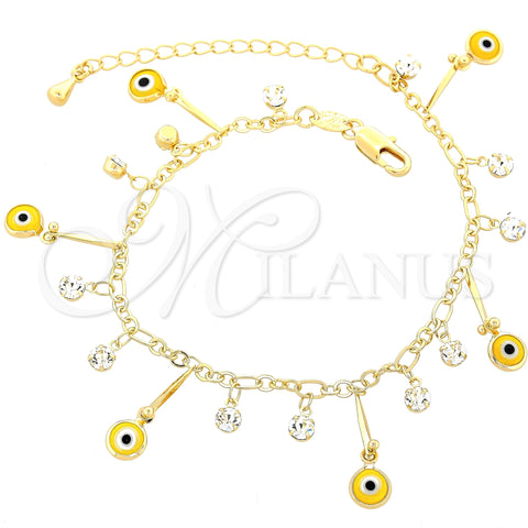 Pulsera de Dije 03.63.0180.08 Oro Laminado, Diseño de Ojo Griego, con Blanca Zirconia Cubica, Resinado Amarillo, Tono Dorado (02 MM Thickness, 8 Inches Length)