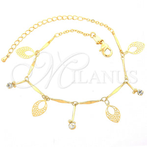 Tobillera de Dije 03.63.1275.10 Oro Laminado, Diseño de Oja, con Blanca Zirconia Cubica, Diamantado, Tono Dorado (01 MM Thickness, 10 Inches Length)