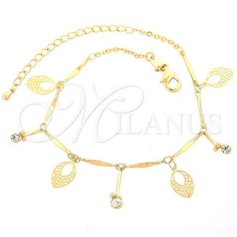 Tobillera de Dije 03.63.1275.10 Oro Laminado, Diseño de Oja, con Blanca Zirconia Cubica, Diamantado, Tono Dorado (01 MM Thickness, 10 Inches Length)