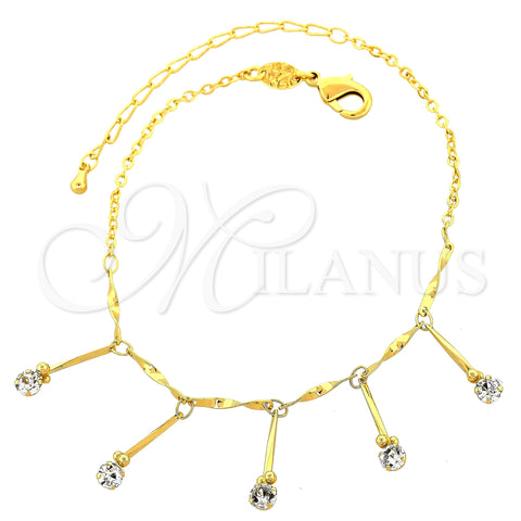 Tobillera de Dije 03.63.1281.10 Oro Laminado, con Blanca Zirconia Cubica, Pulido, Tono Dorado (02 MM Thickness, 10 Inches Length)