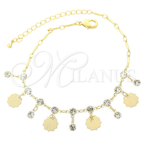Tobillera de Dije 03.63.1282.10 Oro Laminado, Diseño de Oja, con Blanca Zirconia Cubica, Pulido, Tono Dorado (02 MM Thickness, 10 Inches Length)