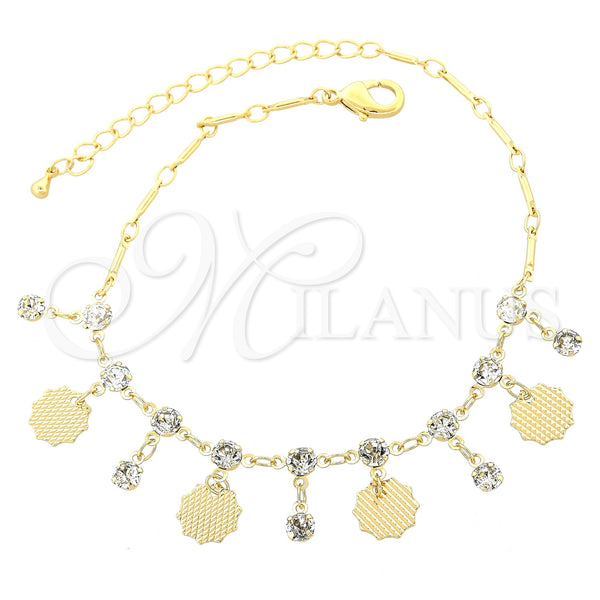 Tobillera de Dije 03.63.1282.10 Oro Laminado, Diseño de Oja, con Blanca Zirconia Cubica, Pulido, Tono Dorado (02 MM Thickness, 10 Inches Length)