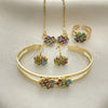 Collar, Pulsera, Dije y Anillo 06.165.0009 Oro Laminado, Diseño de Flor, con Multicolor Zirconia Cubica, Pulido, Tono Dorado